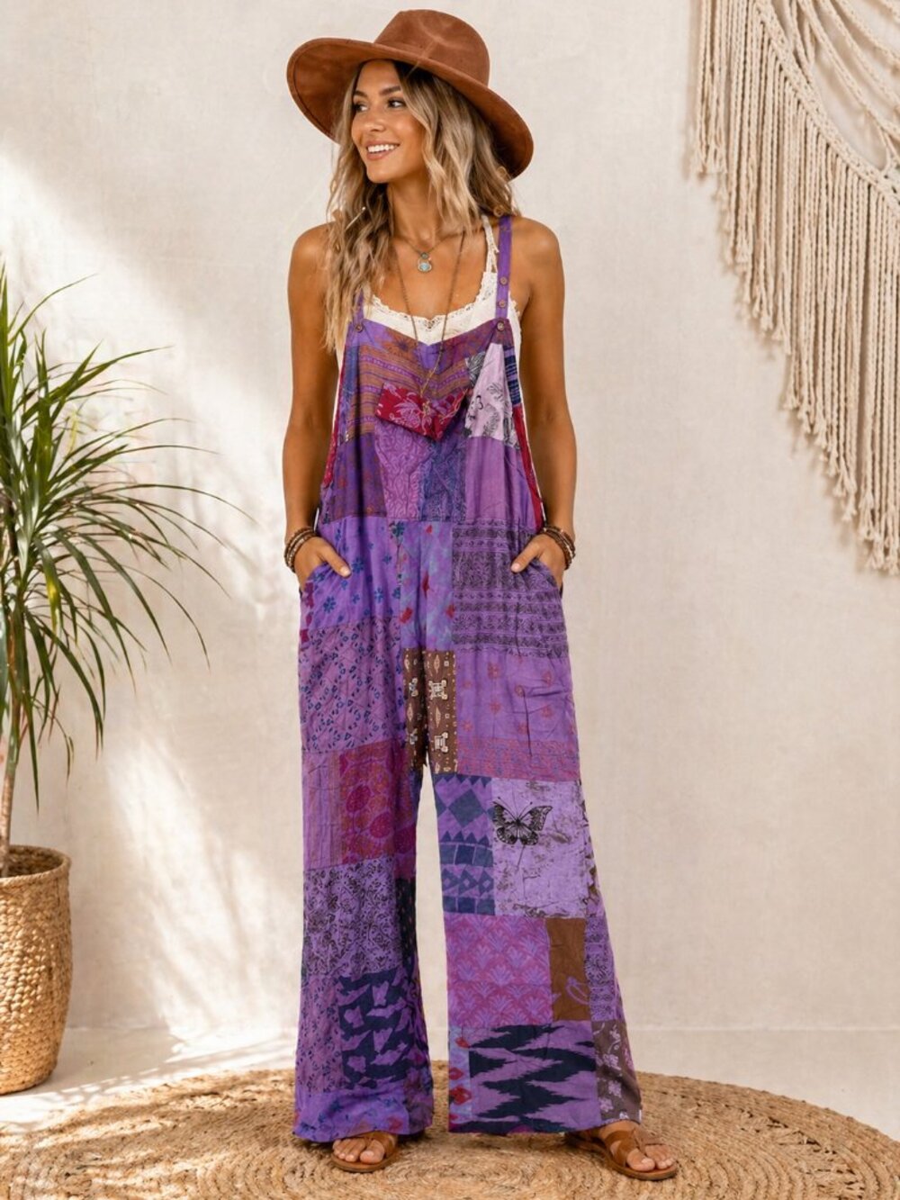 Boho Patchwork Jumpsuit Overalls; One Size